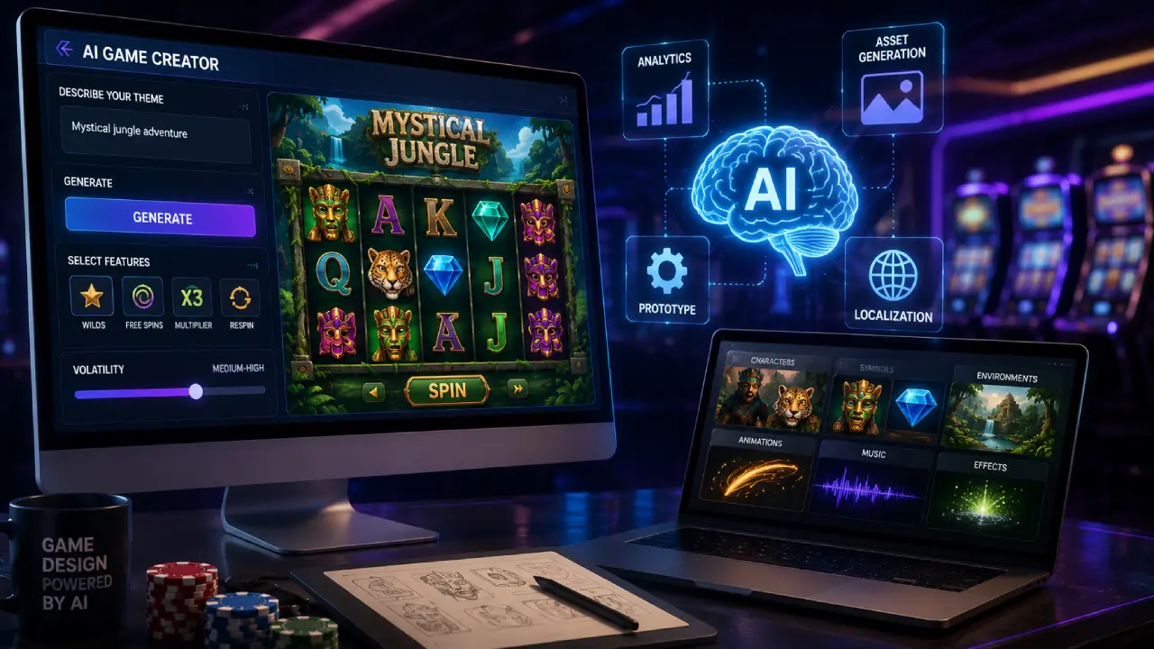 Generative AI creating a custom online slot game with automated artwork, analytics, prototyping and localization tools in 2026.