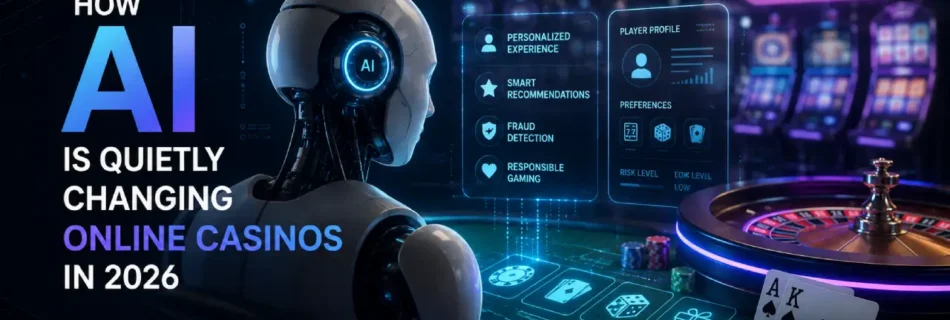 AI-powered online casino technology in 2026 featuring a futuristic robot, personalized gaming tools, fraud detection, responsible gaming, slots and roulette.