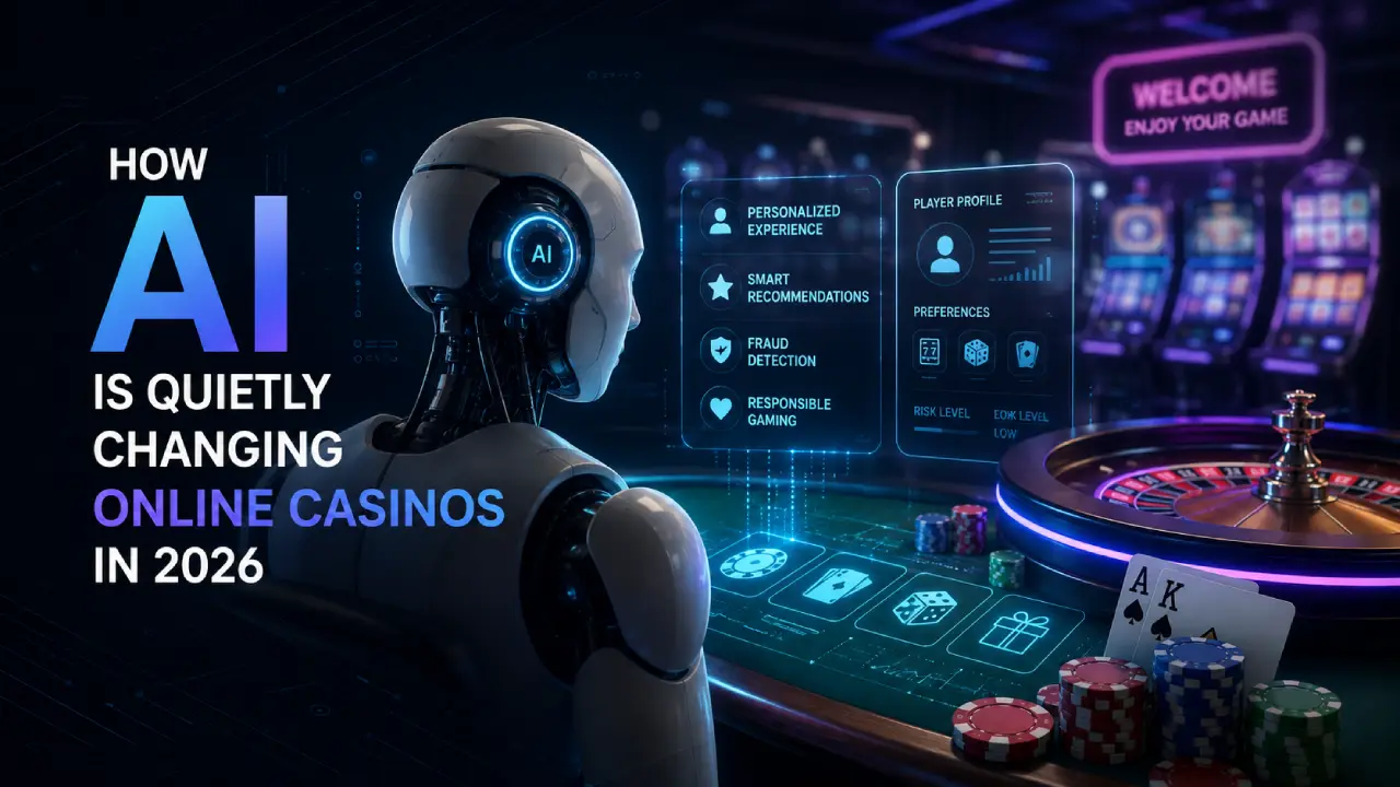 AI-powered online casino technology in 2026 featuring a futuristic robot, personalized gaming tools, fraud detection, responsible gaming, slots and roulette.